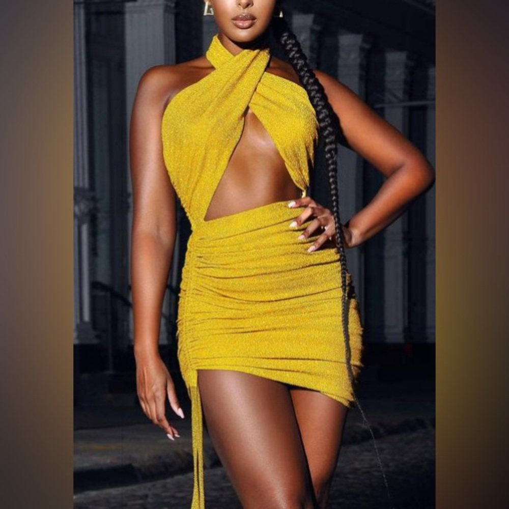 Miss Circle Gold Metallic Twist Neck Mini Dress - Picture 2 of 4